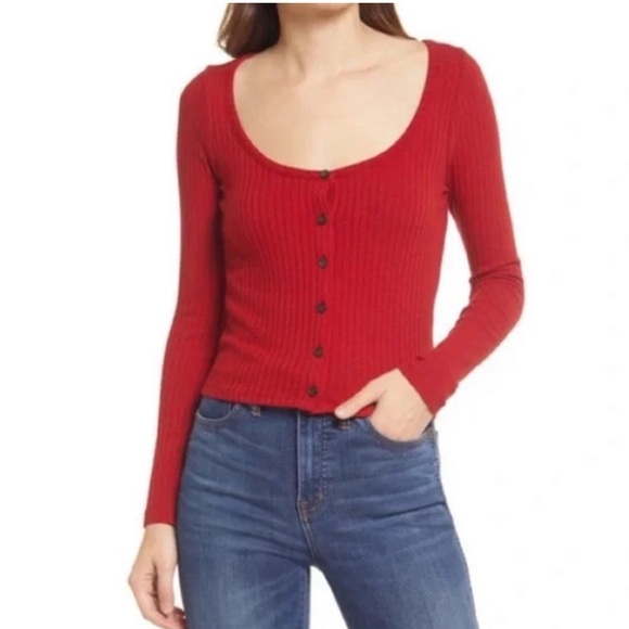 Madewell Tops - Madewell Ribbed Cardigan Cropped Tee, Scarlet